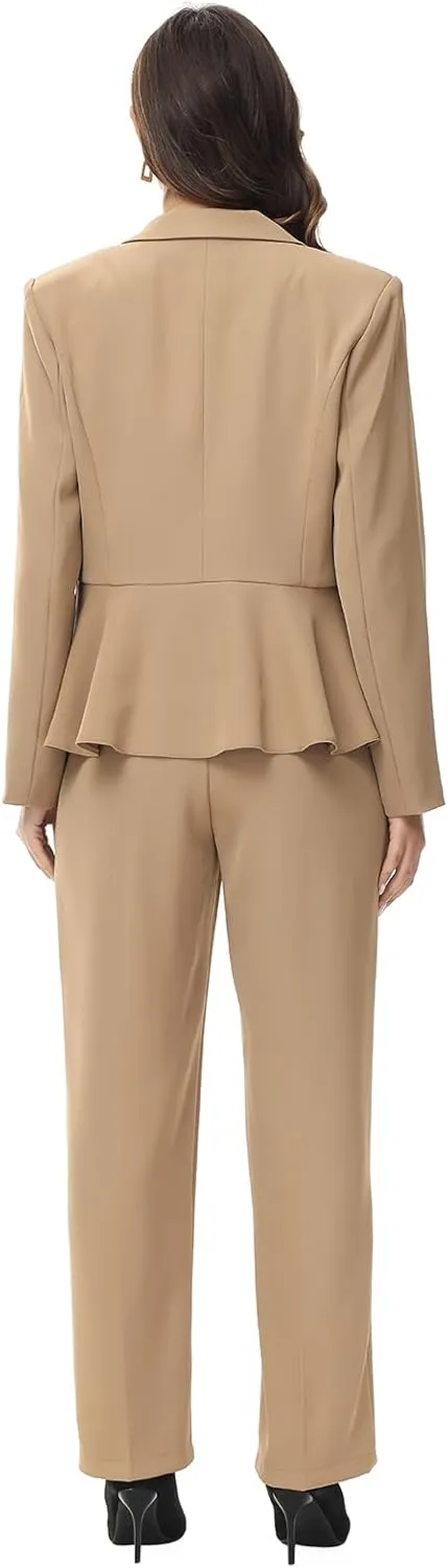 Lamgool Women's Suit Outfits Set 2 Piece Ruffle Blazer with Pants Suit Set Long Sleeve Business Casual