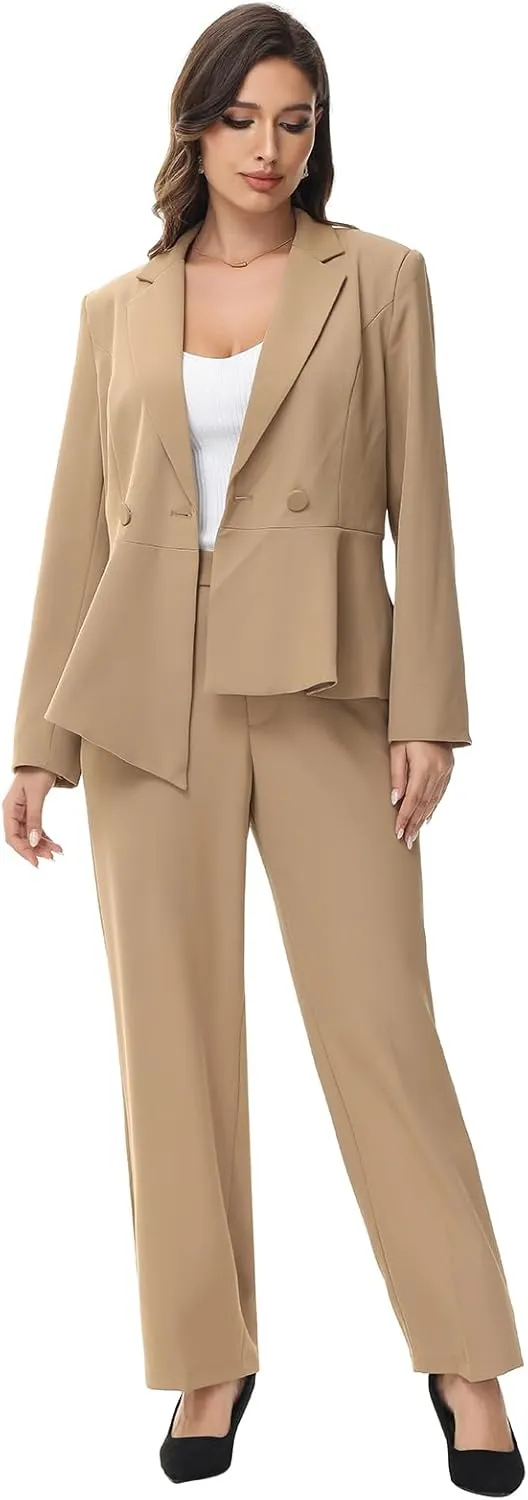 Lamgool Women's Suit Outfits Set 2 Piece Ruffle Blazer with Pants Suit Set Long Sleeve Business Casual