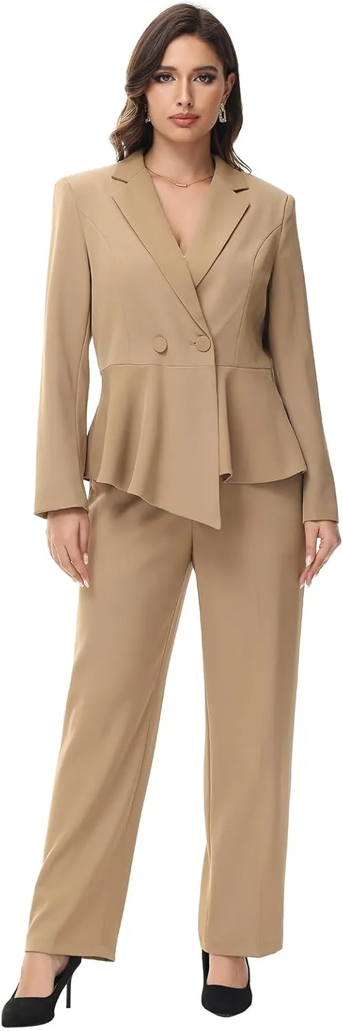 Lamgool Women's Suit Outfits Set 2 Piece Ruffle Blazer with Pants Suit Set Long Sleeve Business Casual