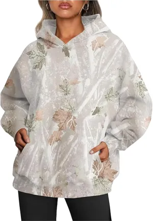 Light Camo Hoodie Womens Graphic Maple Leaf Print Sweatshirt for Women Trendy Oversized Fleece Hoodies with Pockets