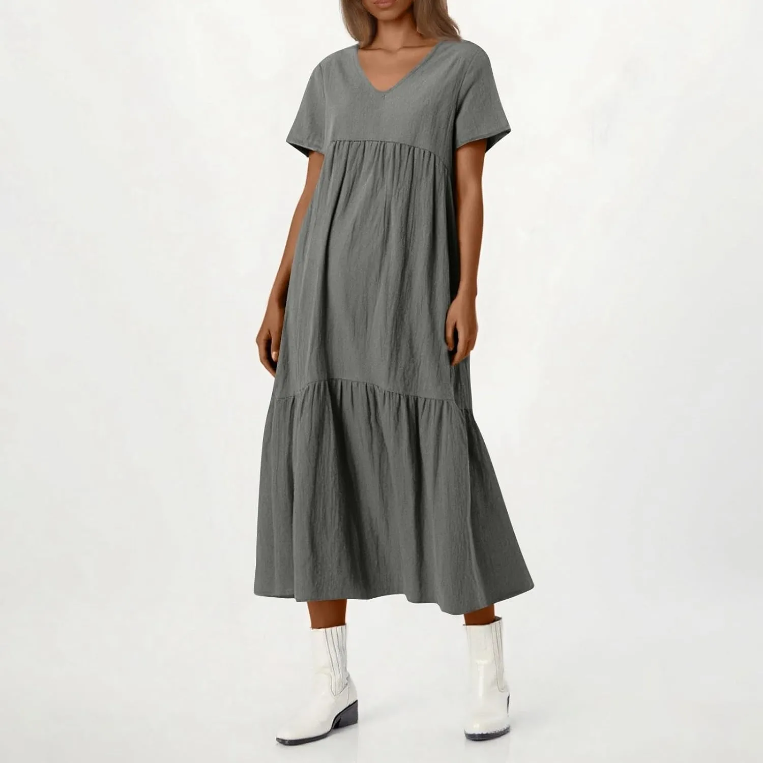 Linen Dress for Women Summer Short Sleeve V Neck Plus Size Maxi Casual Flowy Loose Long Vacation Beach Dresses