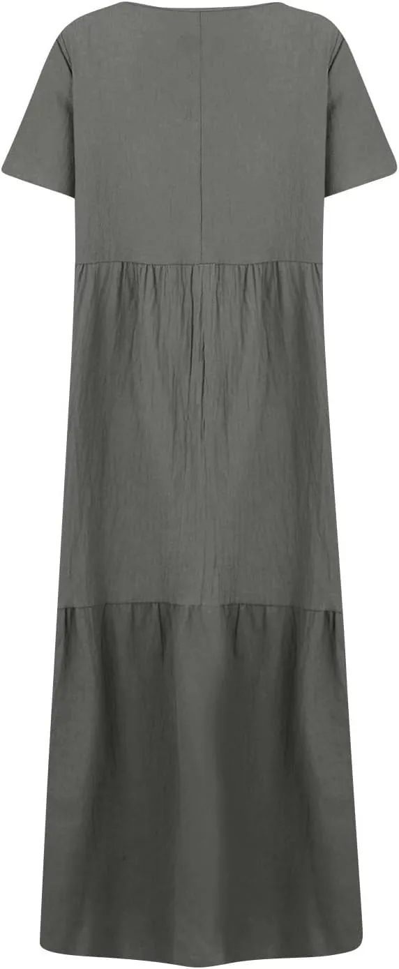 Linen Dress for Women Summer Short Sleeve V Neck Plus Size Maxi Casual Flowy Loose Long Vacation Beach Dresses