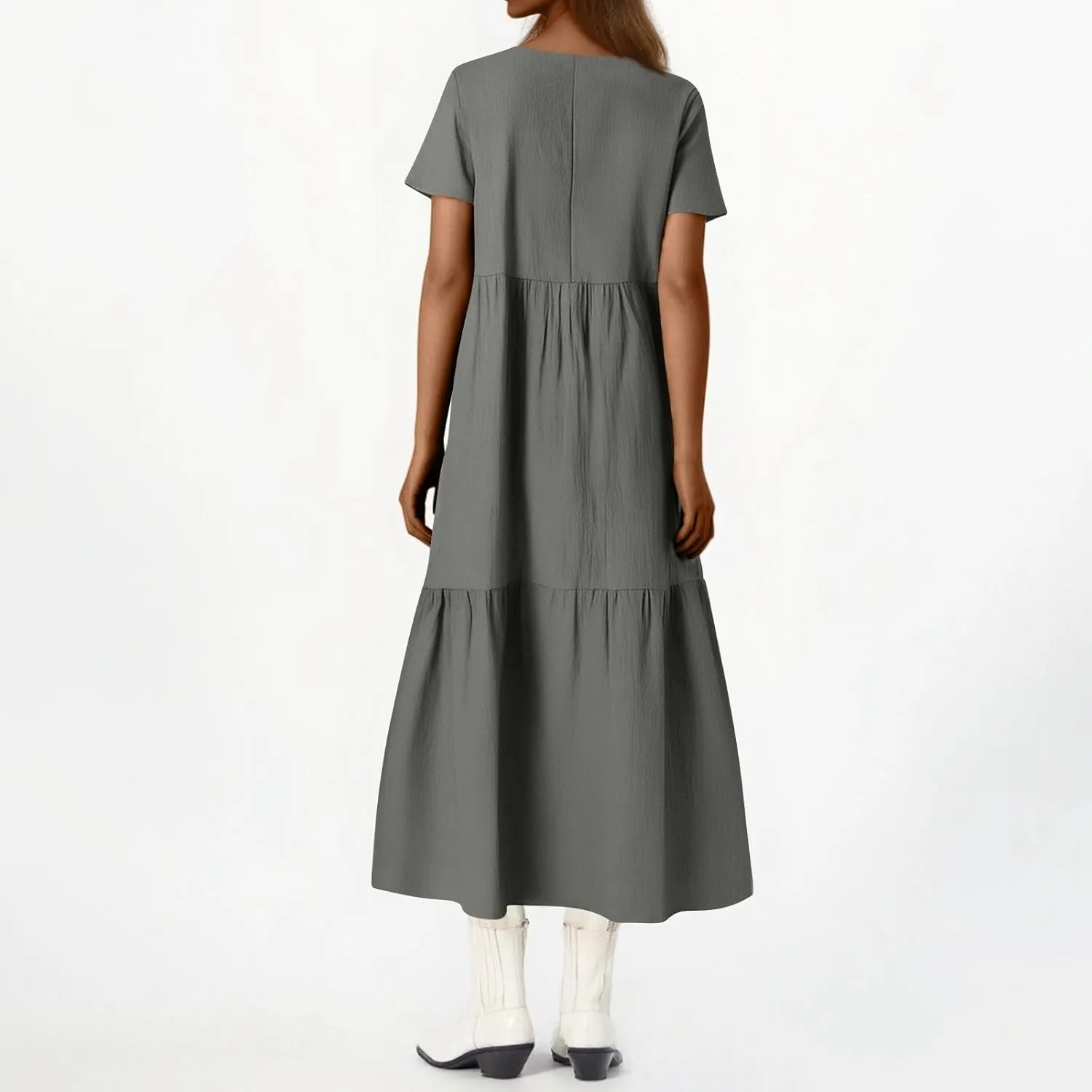 Linen Dress for Women Summer Short Sleeve V Neck Plus Size Maxi Casual Flowy Loose Long Vacation Beach Dresses