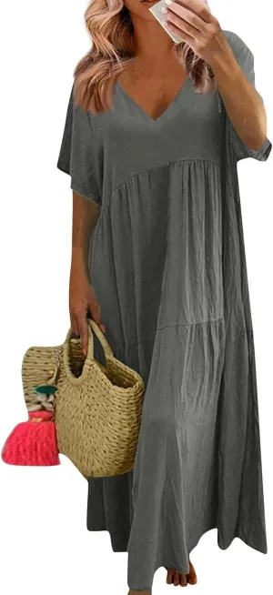 Linen Dress for Women Summer Short Sleeve V Neck Plus Size Maxi Casual Flowy Loose Long Vacation Beach Dresses
