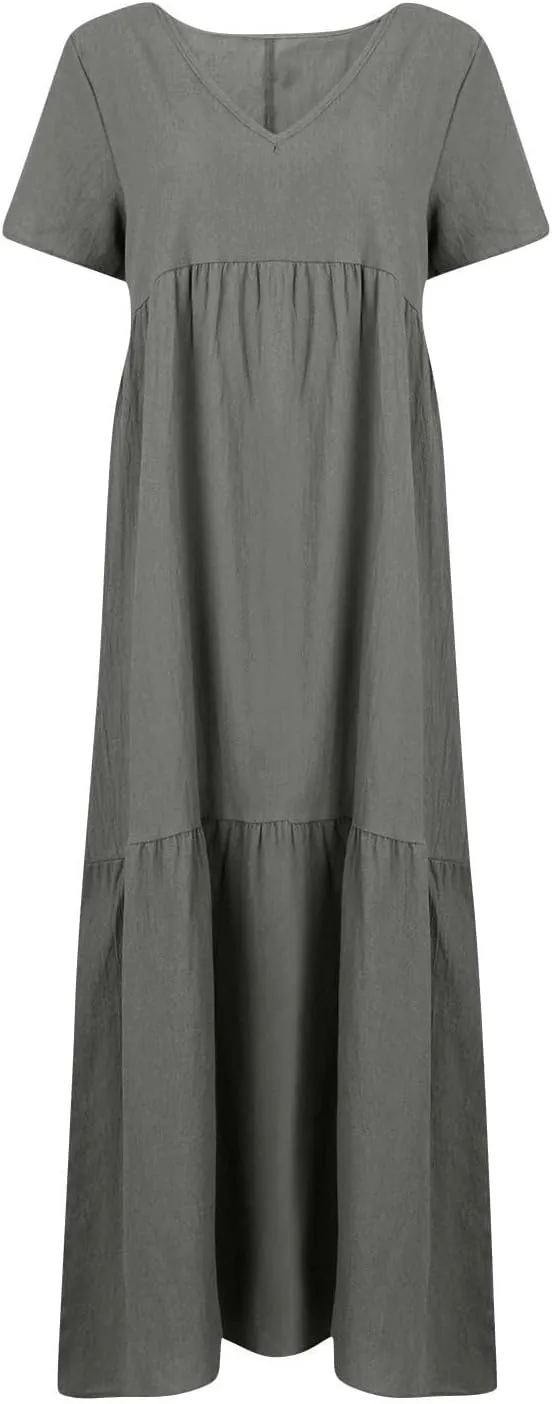 Linen Dress for Women Summer Short Sleeve V Neck Plus Size Maxi Casual Flowy Loose Long Vacation Beach Dresses