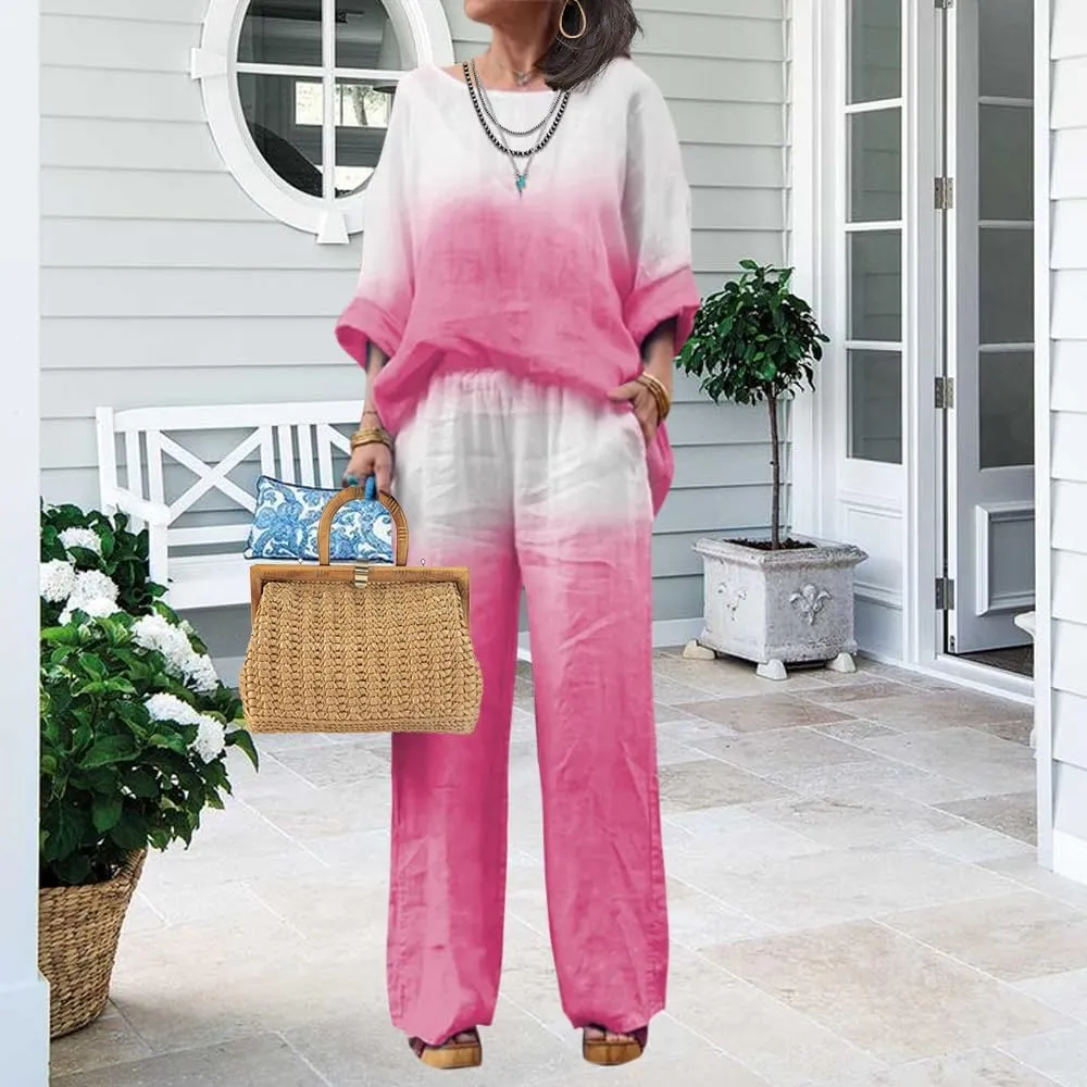 Linen Set for Women Casual Long Sleeve Gradient Color Loose Pant Plus Size Pants Sets Women 2 Piece Outfits