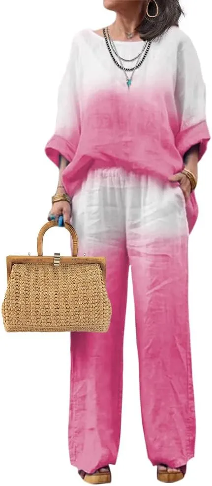 Linen Set for Women Casual Long Sleeve Gradient Color Loose Pant Plus Size Pants Sets Women 2 Piece Outfits
