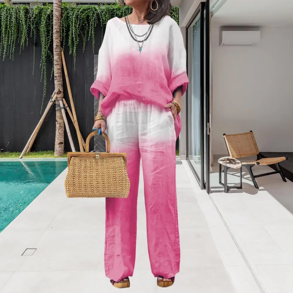 Linen Set for Women Casual Long Sleeve Gradient Color Loose Pant Plus Size Pants Sets Women 2 Piece Outfits