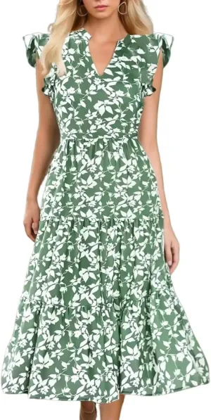 Long Flowy Dresses for Women Fashion Floral Printed Summer Beach Vacation Maxi Dress Casual V Neck Pleated Sundress