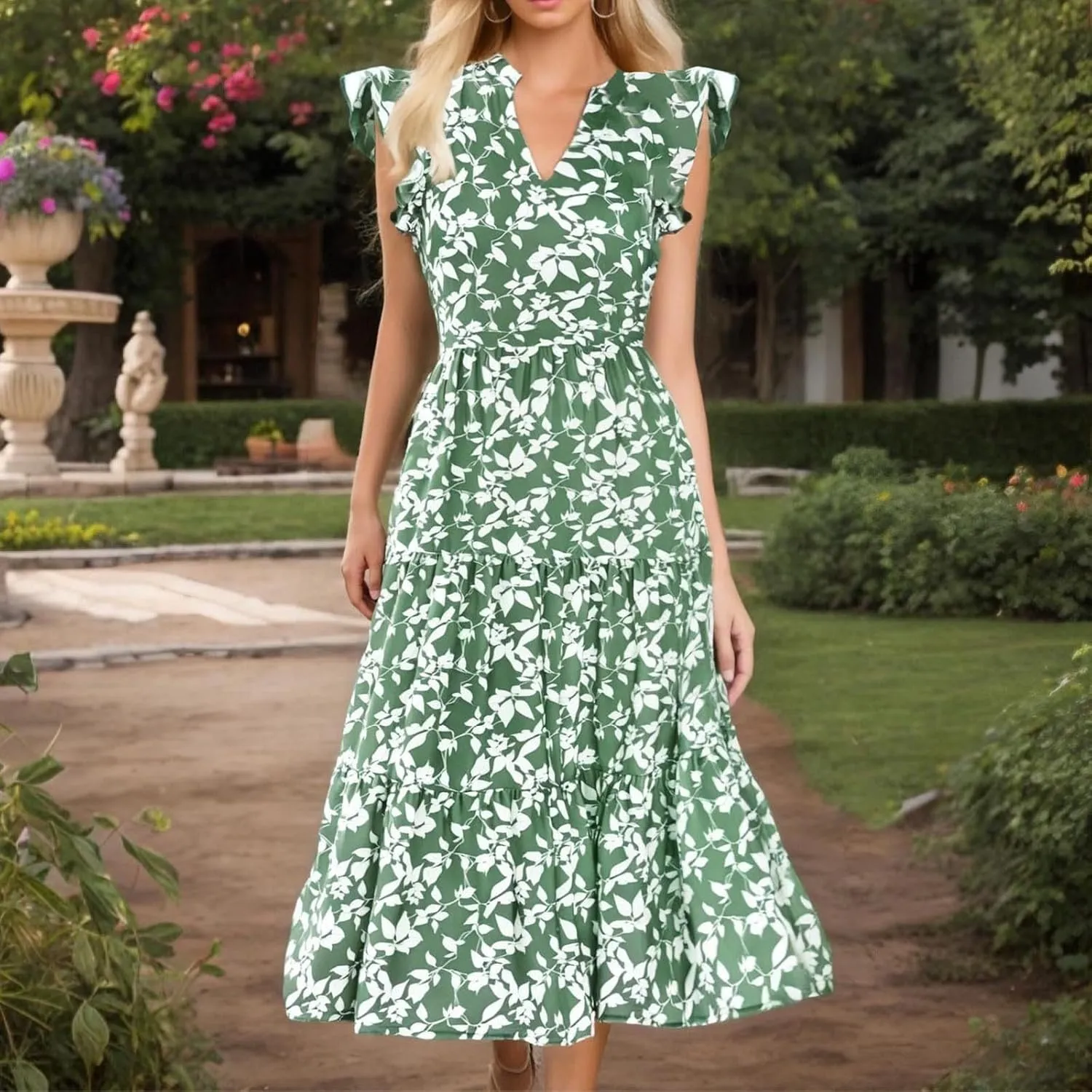 Long Flowy Dresses for Women Fashion Floral Printed Summer Beach Vacation Maxi Dress Casual V Neck Pleated Sundress