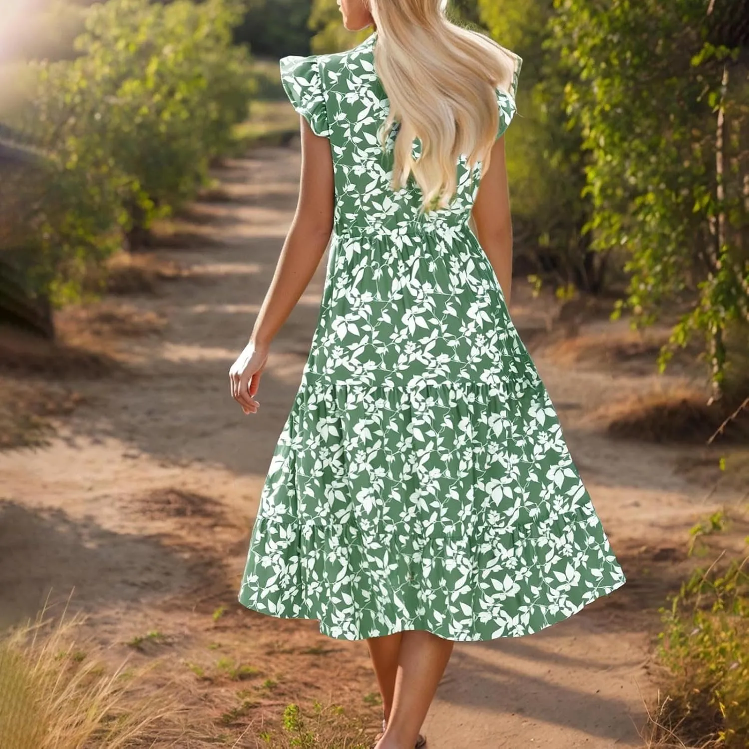 Long Flowy Dresses for Women Fashion Floral Printed Summer Beach Vacation Maxi Dress Casual V Neck Pleated Sundress