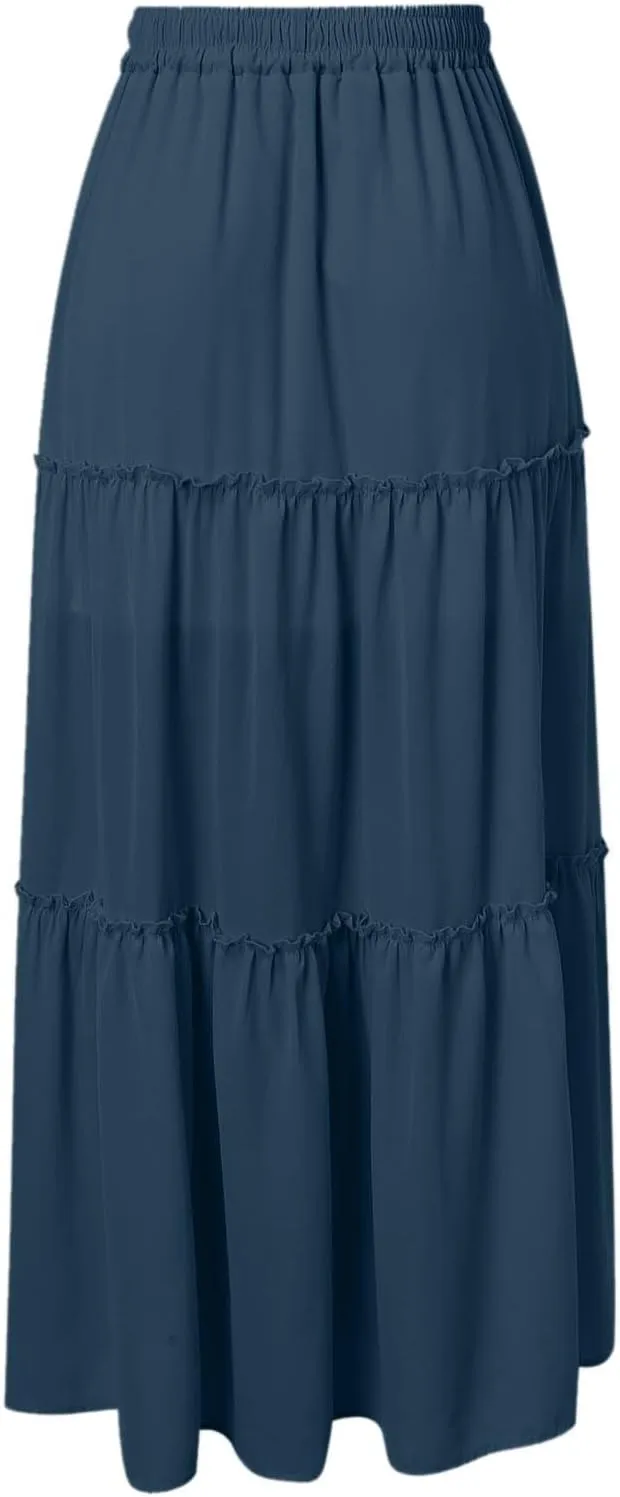 Long Skirts for Women Trendy Summer Boho Flowy Skirt Swing Tiered Maxi Skirt Elastic Waist Pleated Midi Beach Dress