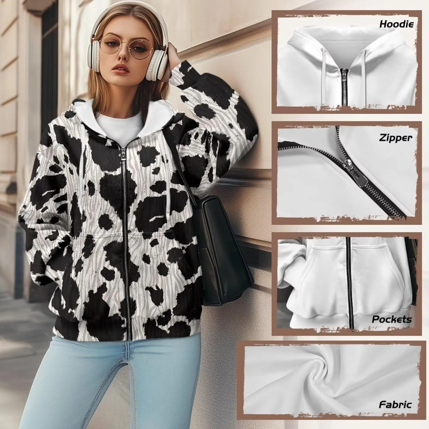 Loose Thin Jacket for Women Long Sleeve Zip Up Hoodies Teen Girls Hooded Sweatshirt Trendy Print Pullover
