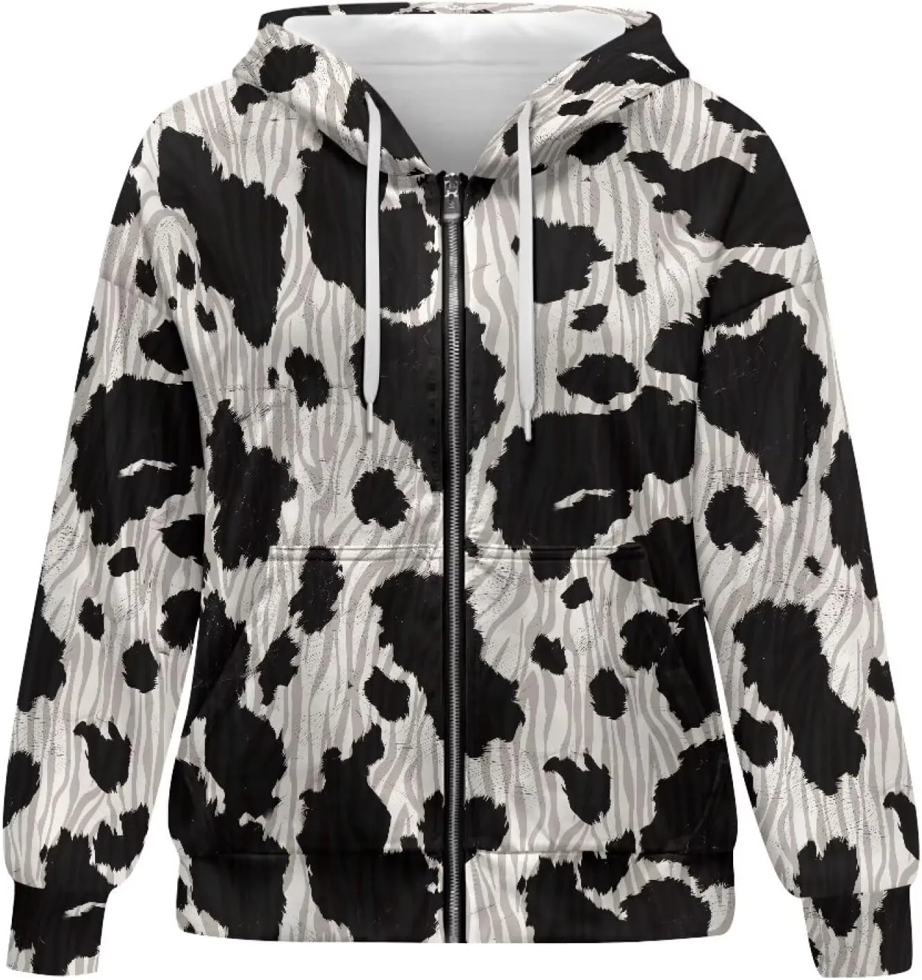 Loose Thin Jacket for Women Long Sleeve Zip Up Hoodies Teen Girls Hooded Sweatshirt Trendy Print Pullover