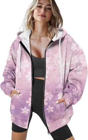Loose Thin Jacket for Women Long Sleeve Zip Up Hoodies Teen Girls Hooded Sweatshirt Trendy Print Pullover