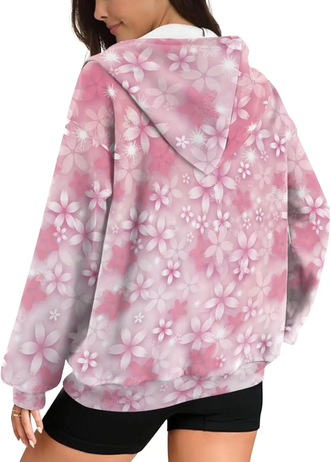 Loose Thin Jacket for Women Long Sleeve Zip Up Hoodies Teen Girls Hooded Sweatshirt Trendy Print Pullover
