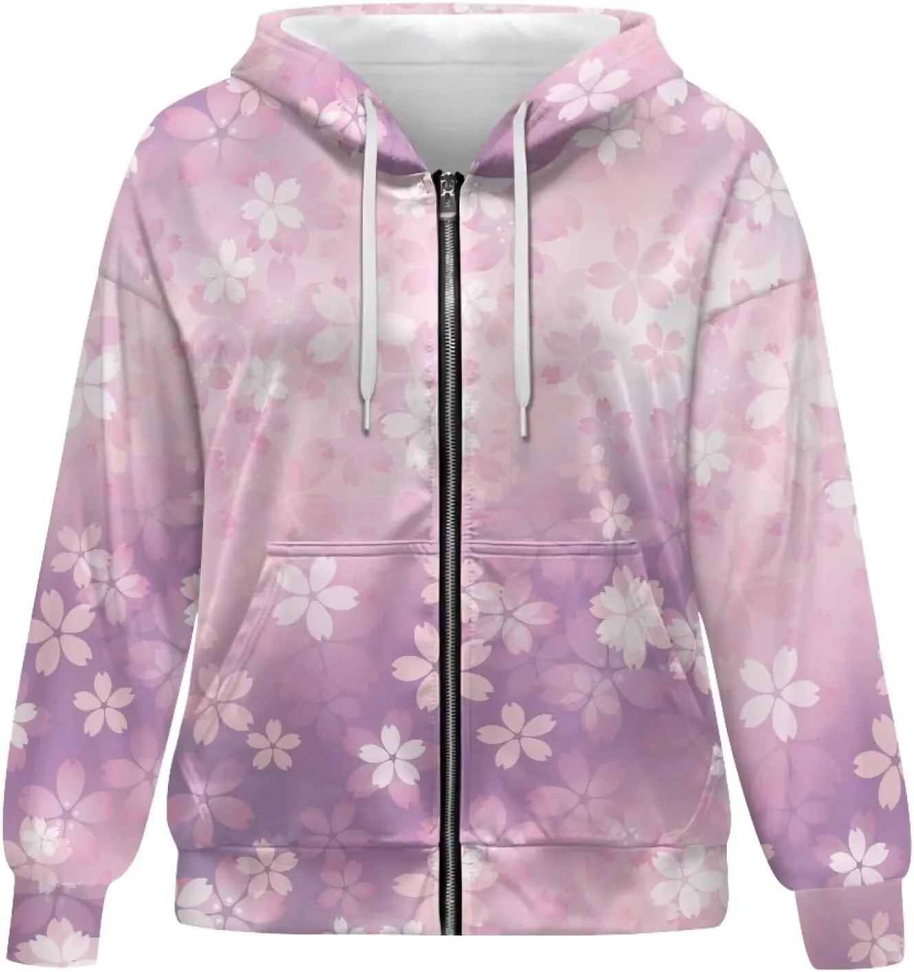 Loose Thin Jacket for Women Long Sleeve Zip Up Hoodies Teen Girls Hooded Sweatshirt Trendy Print Pullover