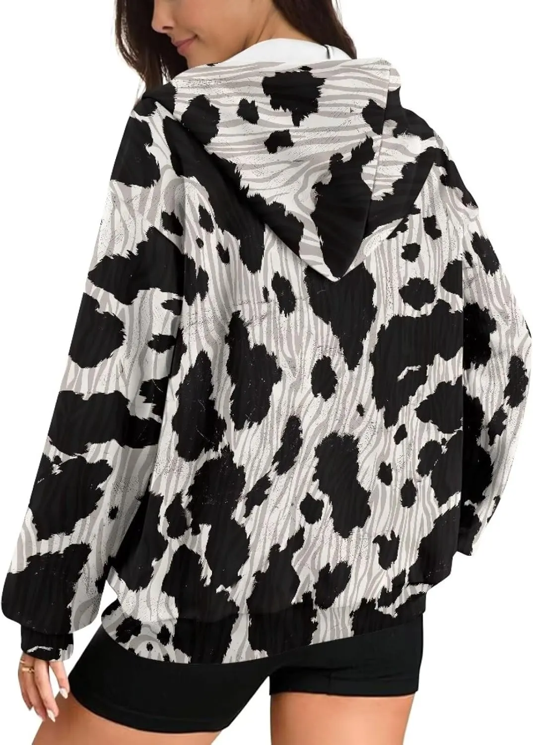 Loose Thin Jacket for Women Long Sleeve Zip Up Hoodies Teen Girls Hooded Sweatshirt Trendy Print Pullover