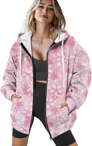 Loose Thin Jacket for Women Long Sleeve Zip Up Hoodies Teen Girls Hooded Sweatshirt Trendy Print Pullover