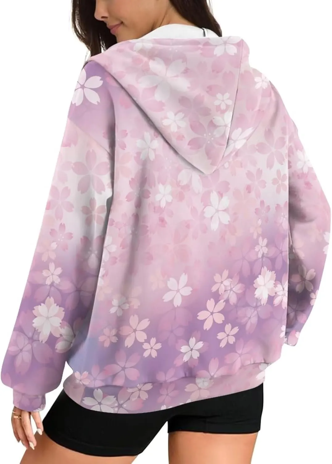 Loose Thin Jacket for Women Long Sleeve Zip Up Hoodies Teen Girls Hooded Sweatshirt Trendy Print Pullover