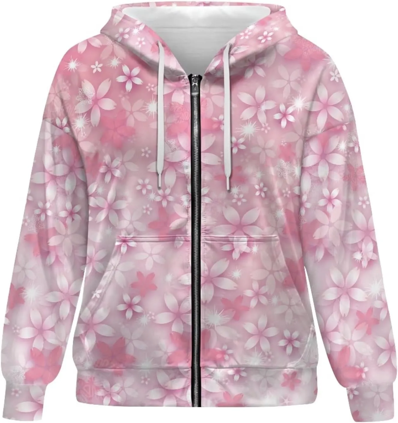 Loose Thin Jacket for Women Long Sleeve Zip Up Hoodies Teen Girls Hooded Sweatshirt Trendy Print Pullover
