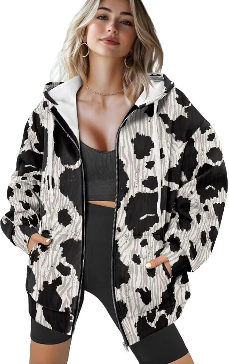 Loose Thin Jacket for Women Long Sleeve Zip Up Hoodies Teen Girls Hooded Sweatshirt Trendy Print Pullover