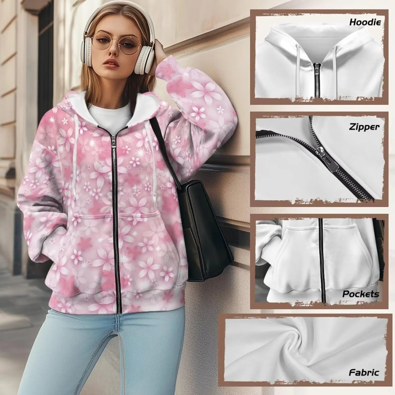 Loose Thin Jacket for Women Long Sleeve Zip Up Hoodies Teen Girls Hooded Sweatshirt Trendy Print Pullover