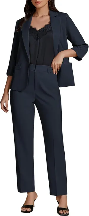 luvamia Pant Suits for Women Dressy 2 Piece Business Casual Outfits 3/4 Sleeve Blazer Straight Leg Pant Sets Office Work