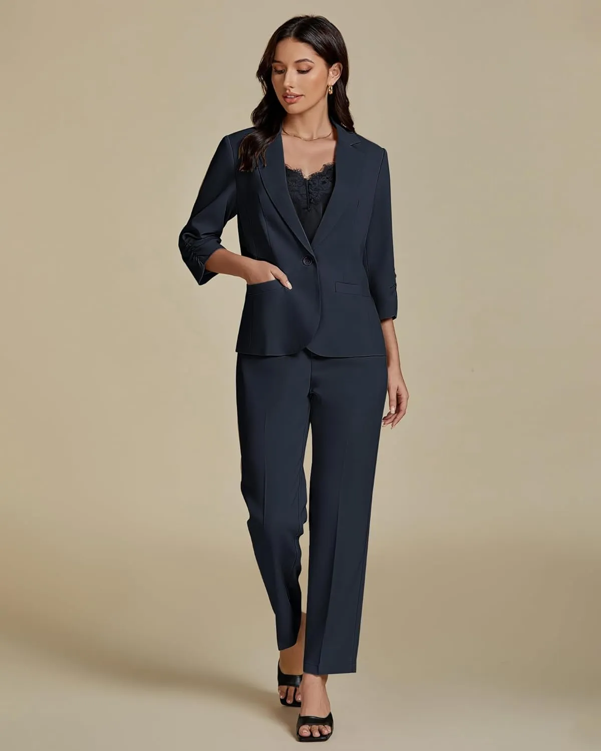 luvamia Pant Suits for Women Dressy 2 Piece Business Casual Outfits 3/4 Sleeve Blazer Straight Leg Pant Sets Office Work