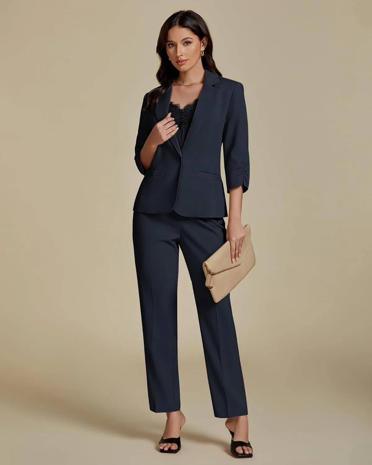 luvamia Pant Suits for Women Dressy 2 Piece Business Casual Outfits 3/4 Sleeve Blazer Straight Leg Pant Sets Office Work