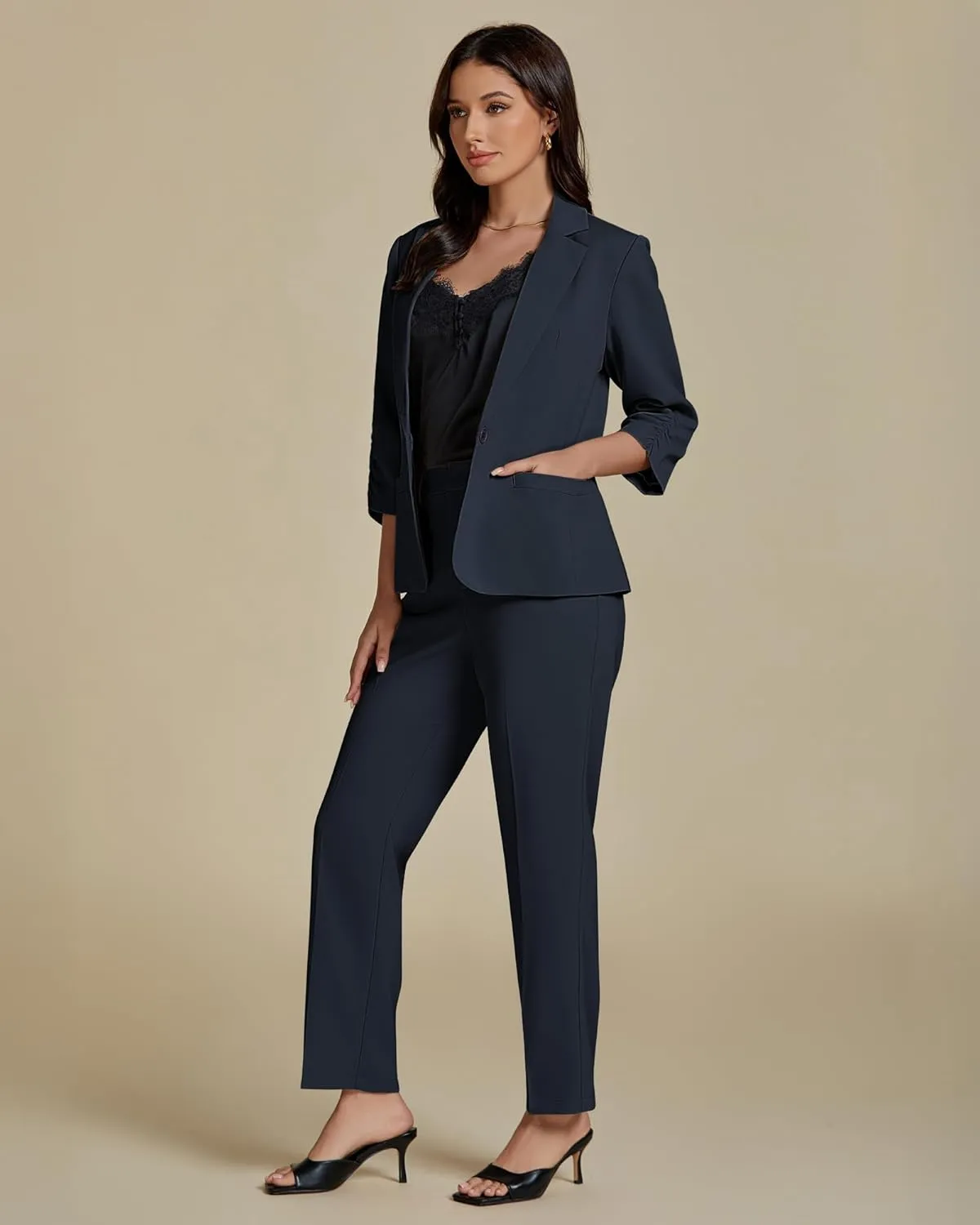 luvamia Pant Suits for Women Dressy 2 Piece Business Casual Outfits 3/4 Sleeve Blazer Straight Leg Pant Sets Office Work