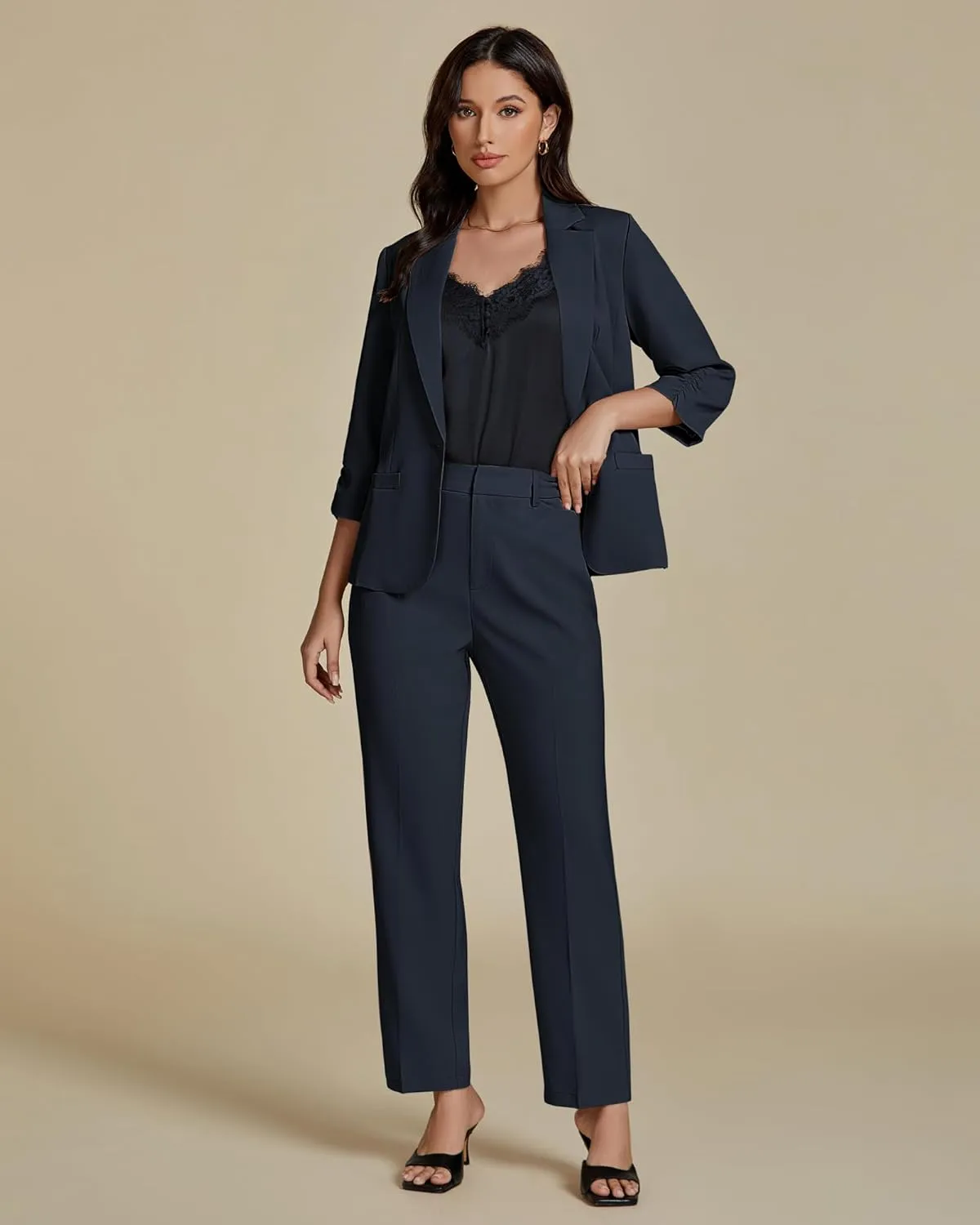 luvamia Pant Suits for Women Dressy 2 Piece Business Casual Outfits 3/4 Sleeve Blazer Straight Leg Pant Sets Office Work