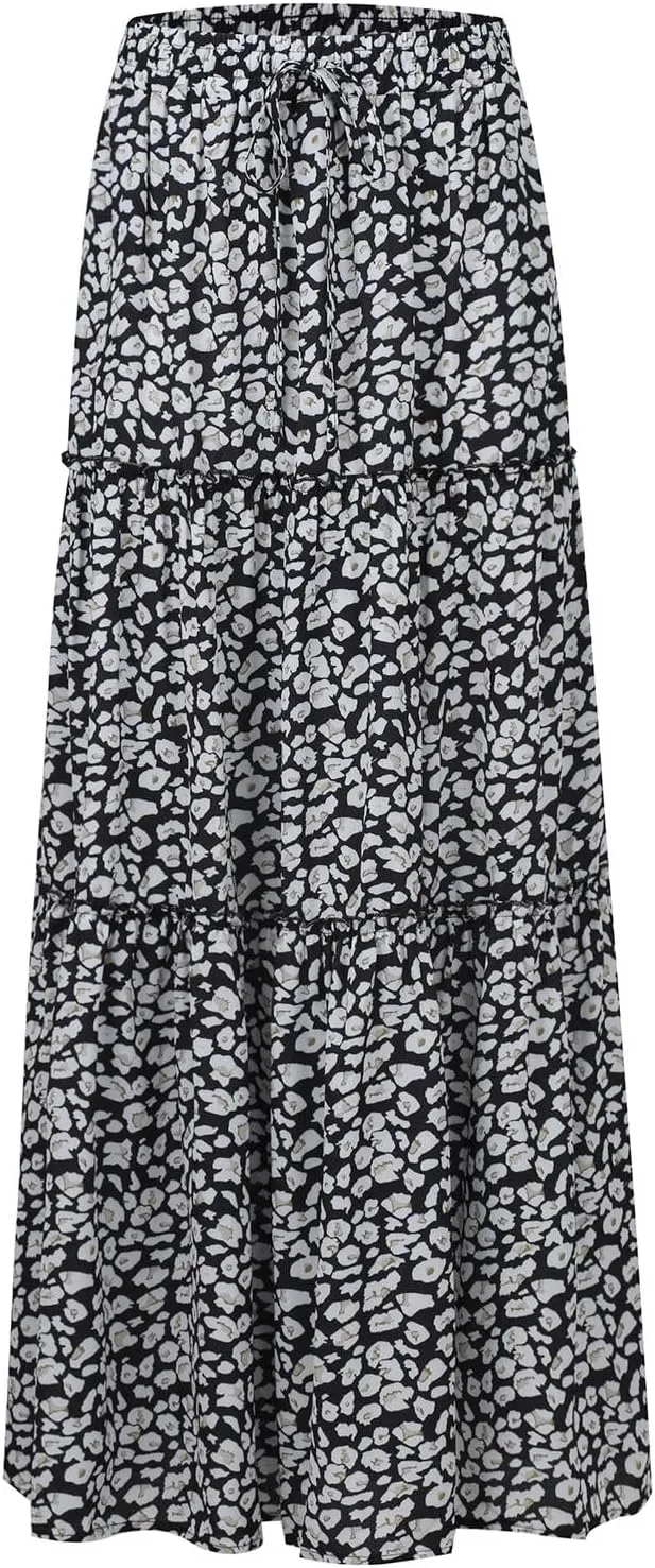 Maxi Skirt for Women 2025 Summer Layered Tiered Elastic Skirt Ruffle A Line Skirts Long Bohemian Skirts with Pockets
