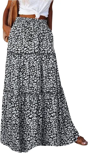 Maxi Skirt for Women 2025 Summer Layered Tiered Elastic Skirt Ruffle A Line Skirts Long Bohemian Skirts with Pockets