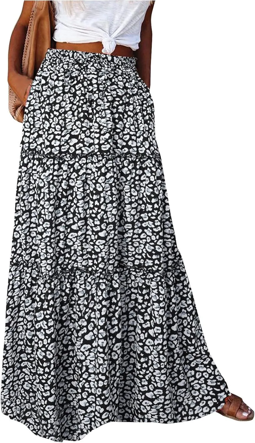 Maxi Skirt for Women 2025 Summer Layered Tiered Elastic Skirt Ruffle A Line Skirts Long Bohemian Skirts with Pockets