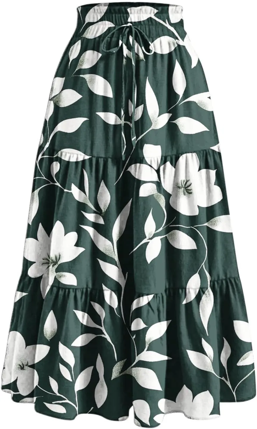Maxi Skirts for Women Long Tiered A-Line Skirt 2025 Fashion Drawstring High Waist Ankle Length Summer Beach Clothes