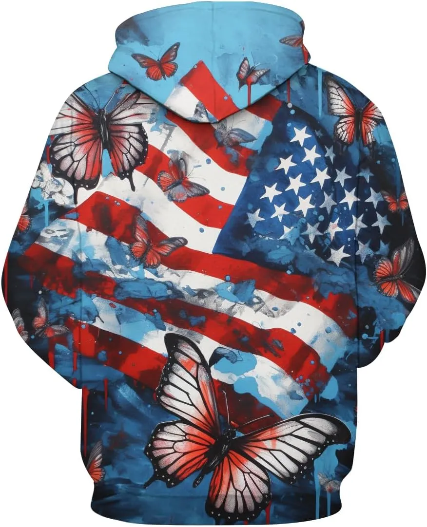 Men And Women 3D Printed Butterfly Graphic Hoodies American Flag Sweatshirts