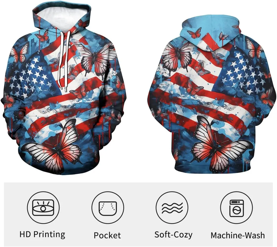 Men And Women 3D Printed Butterfly Graphic Hoodies American Flag Sweatshirts