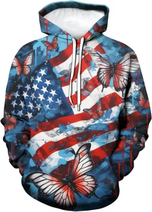 Men And Women 3D Printed Butterfly Graphic Hoodies American Flag Sweatshirts