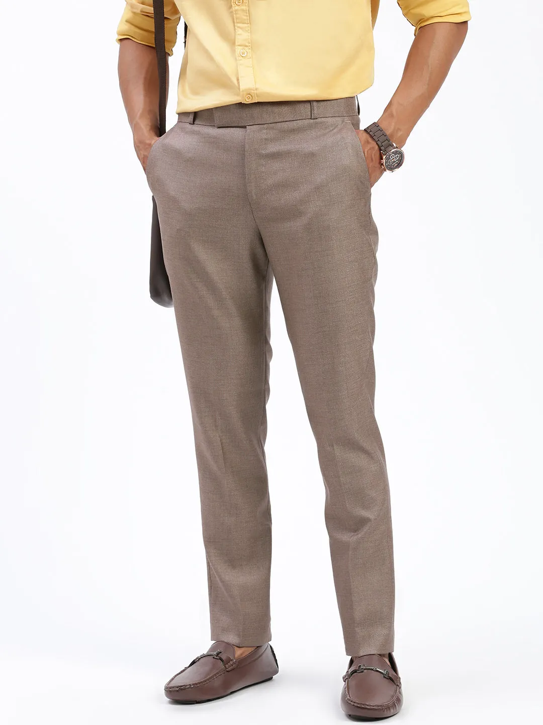Men Brown Comfort Slim Fit Low-Rise Cotton Formal Trousers