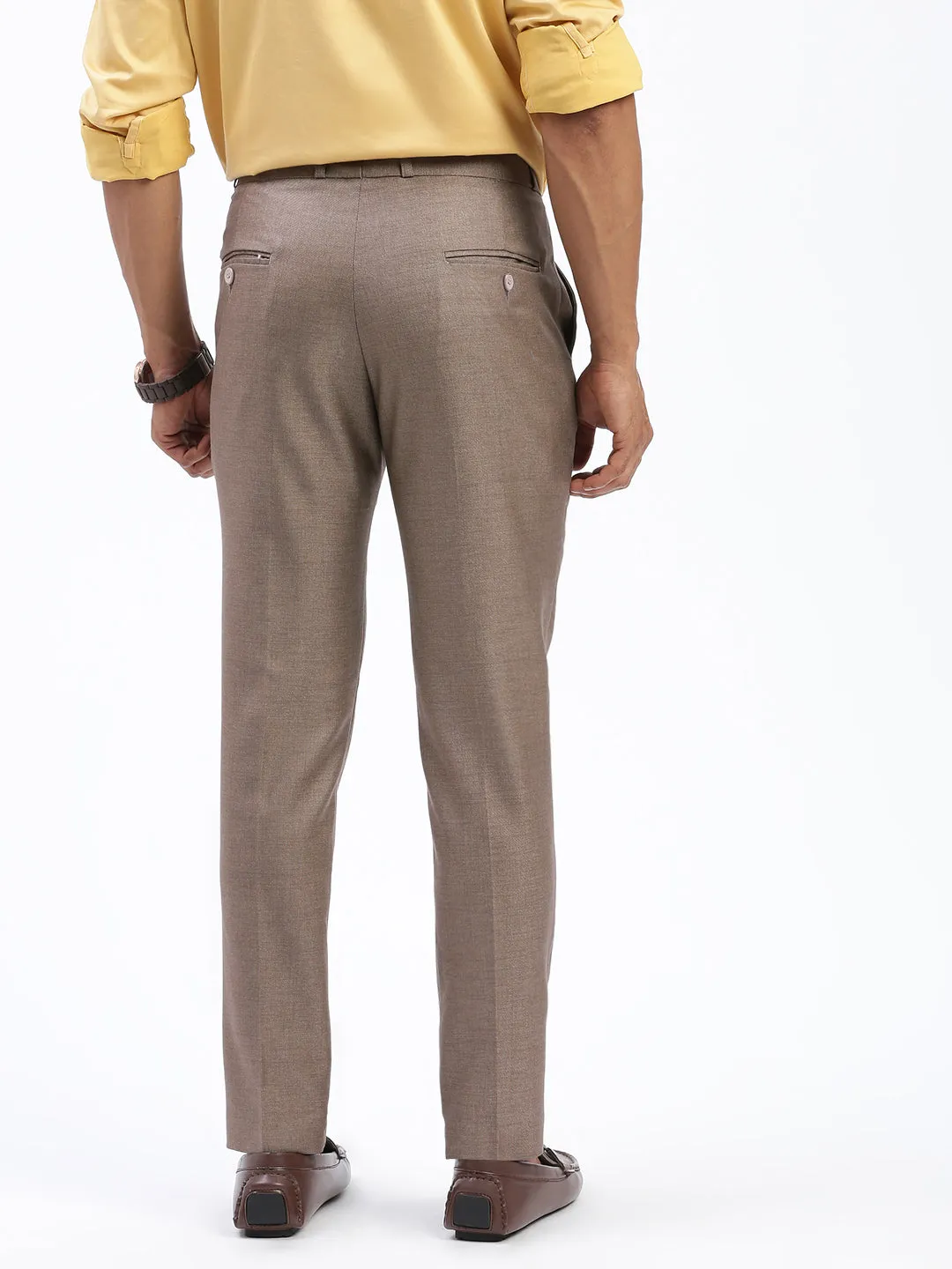 Men Brown Comfort Slim Fit Low-Rise Cotton Formal Trousers