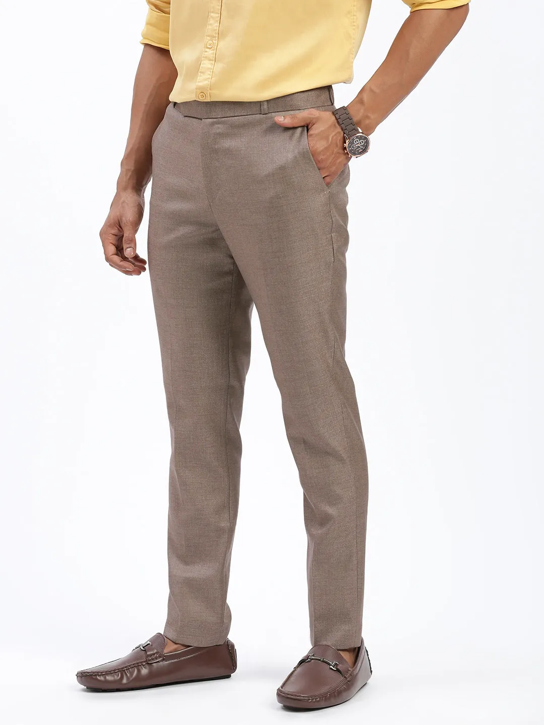 Men Brown Comfort Slim Fit Low-Rise Cotton Formal Trousers