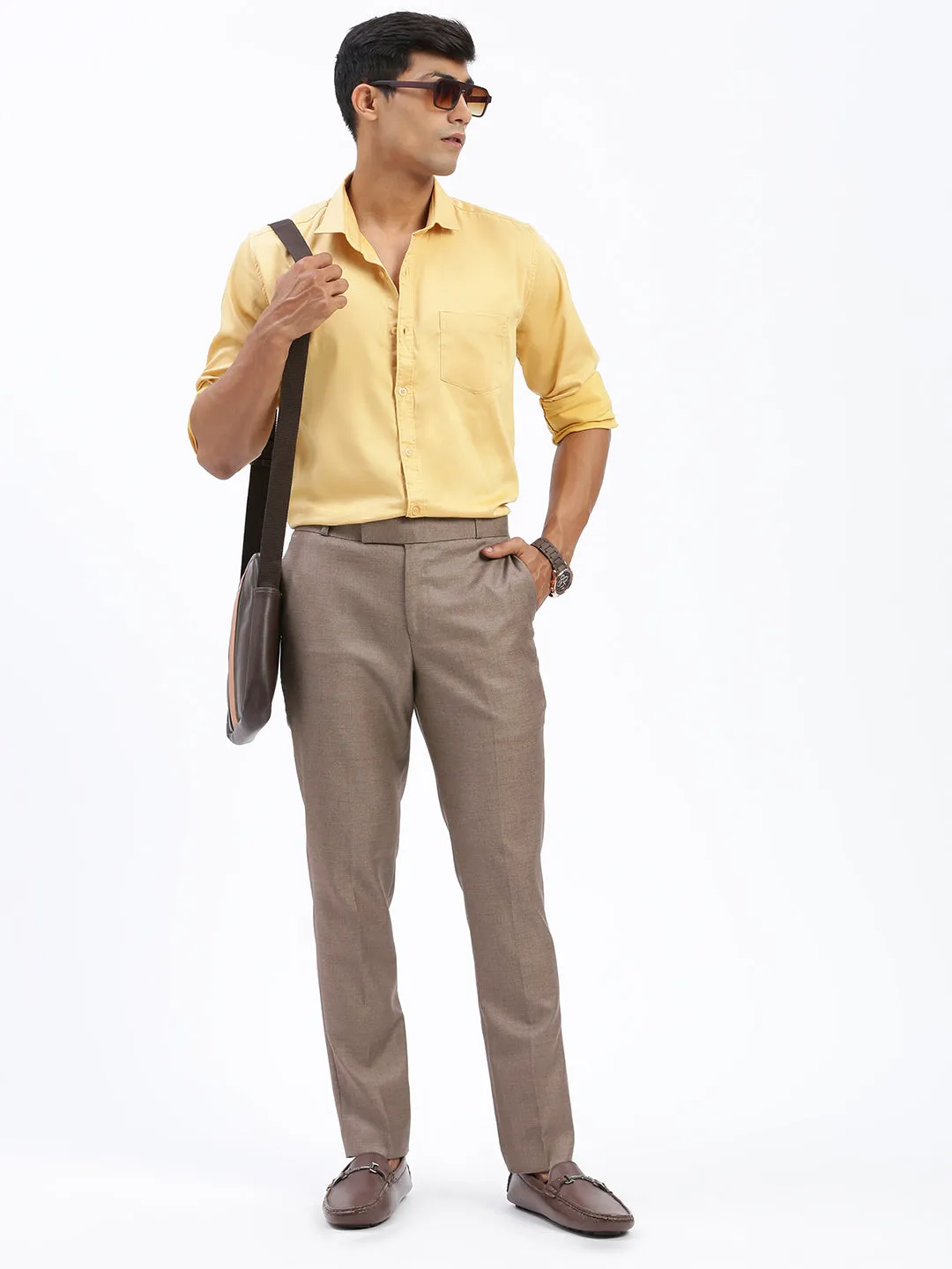 Men Brown Comfort Slim Fit Low-Rise Cotton Formal Trousers