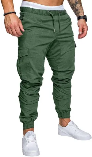 Men Cargo Chino Pants Drawstring Elastic Military Outdoor Slim Sweatpants Green Size L