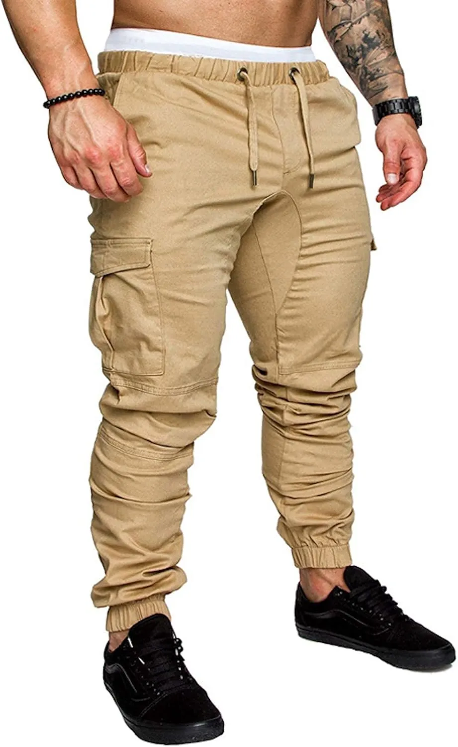 Men Cargo Chino Pants Drawstring Elastic Military Outdoor Slim Sweatpants Khaki Size L