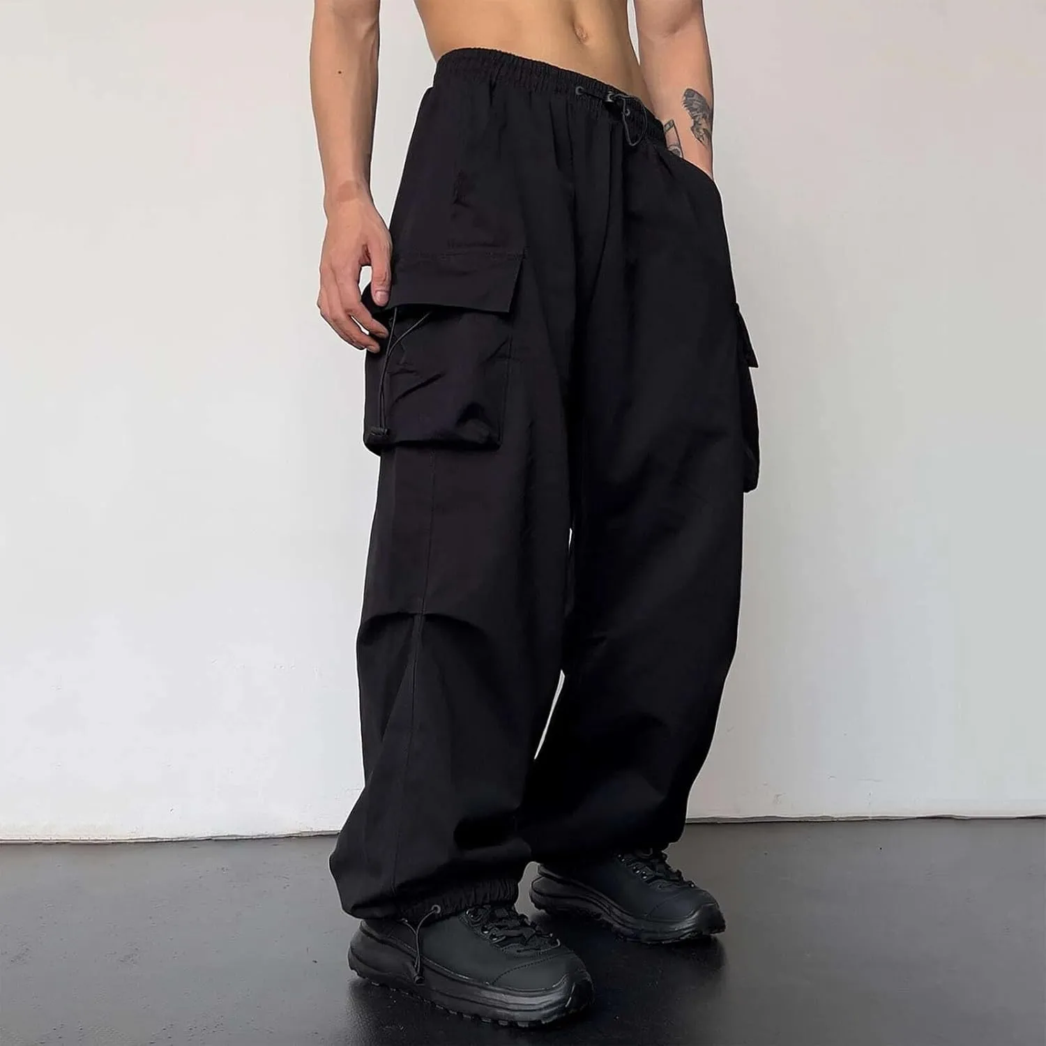 Men's Baggy Cargo Pants Drawstring Casual Y2K Parachute Pants Loose Fit Harem Joggers with Pockets