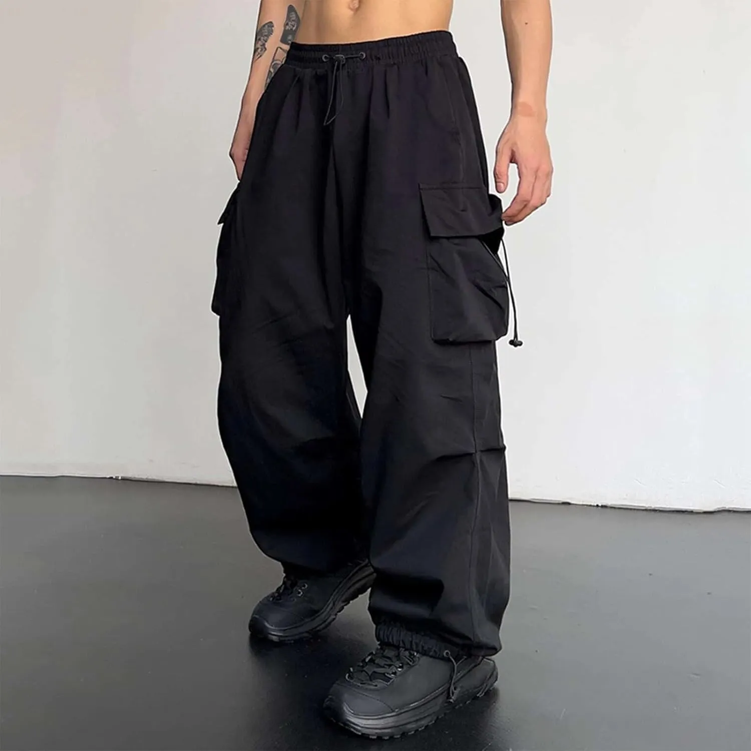 Men's Baggy Cargo Pants Drawstring Casual Y2K Parachute Pants Loose Fit Harem Joggers with Pockets