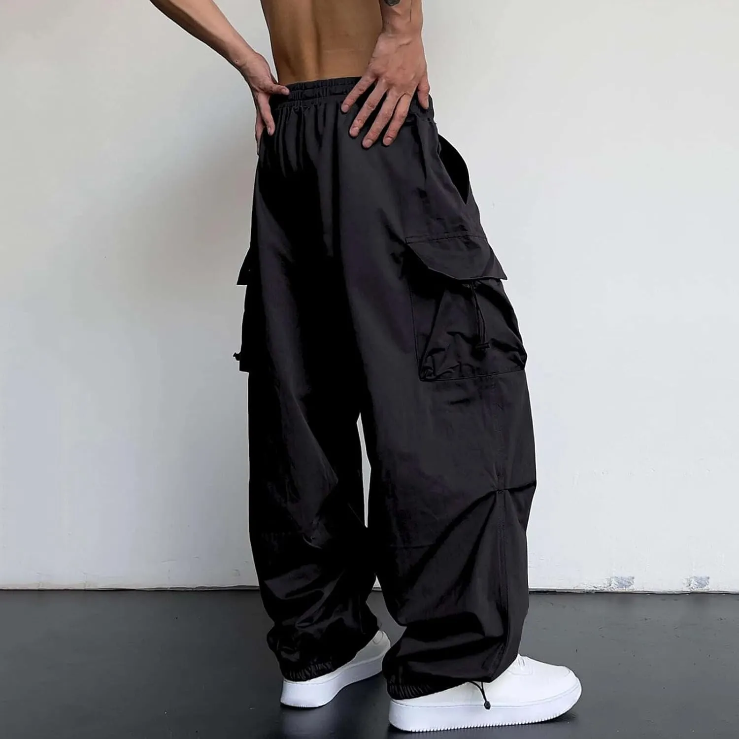 Men's Baggy Cargo Pants Drawstring Casual Y2K Parachute Pants Loose Fit Harem Joggers with Pockets