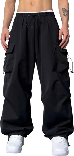 Men's Baggy Cargo Pants Drawstring Casual Y2K Parachute Pants Loose Fit Harem Joggers with Pockets