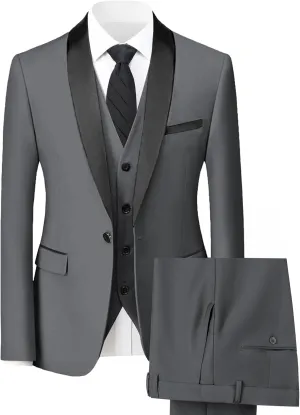 Mens Suit 3 Piece Slim Fit Suit for Men One Button Shawl Lapel Tuxedo Blazer Vest Pant for Wedding Business Prom